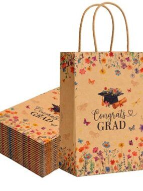 NEW 24 Pcs Wildflower Graduation Gift Bags - Brown Floral Design With Handles